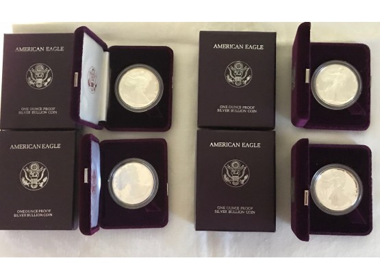 4 American Eagle Silver One Dollar Proof Coins, 1986, 1987, 1987, 1991