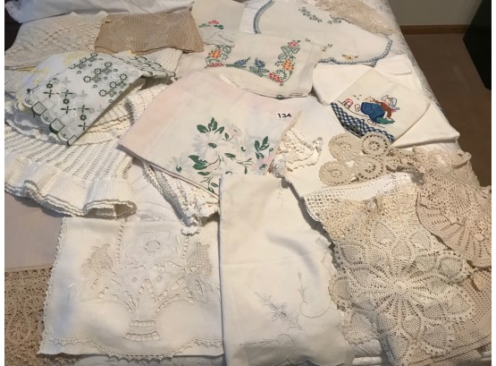 Large Lot Of Vintage Linens Including Hand Crocheted & Embroidered