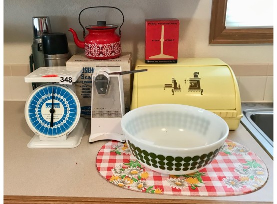 Vintage Kitchen Including Pyrex PolkaDot, Thermos's, Breadbox, Scale, & More
