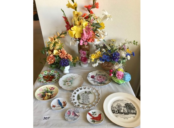 Hand Painted Vase, Colorful Faux Flowers, & Collectable Plates