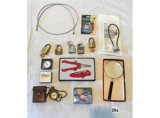 Locks, Compasses, Multi Tool, Knife, & Magnifing Glass