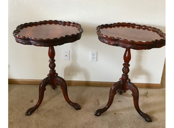 2 Ornate Carved Wood Three Legged Side Tables