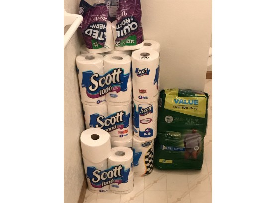 25 Rolls Of Toilet Paper & New Package Of Depends