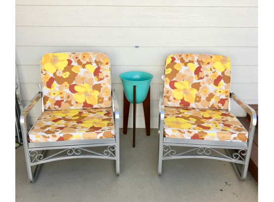 2 Vintage Aluminum Lawn Chairs & Mid Century Style Planter