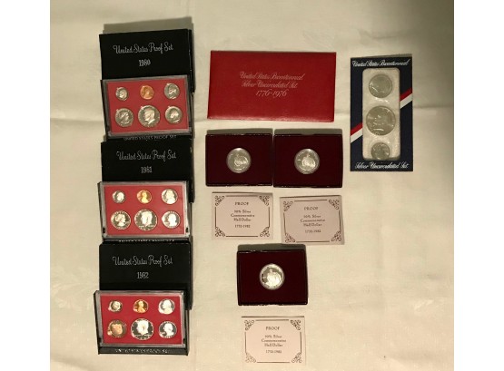 3 1982 90% Silver Commemorative Half Dollars, 1980, 1981, & 1982 United States Proof Sets, & A United States B