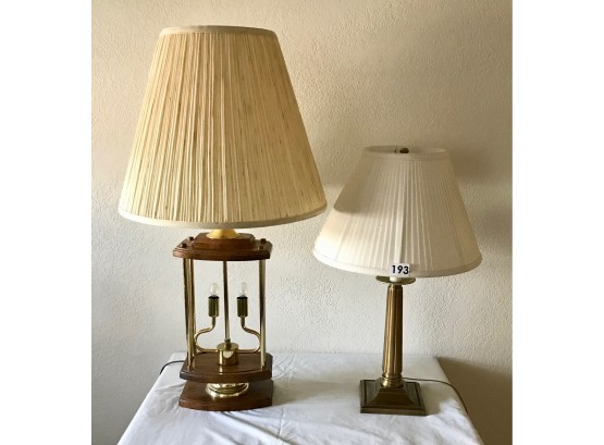 2 Table Lamps, Brass & Wood