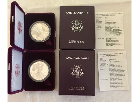 1991& 1993 Proof Silver American Eagle One Dollar Coins