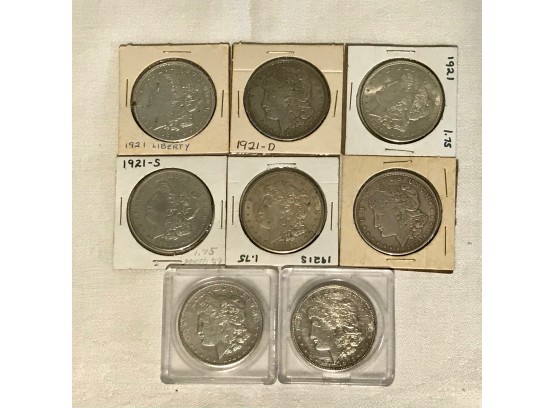 Eight 1921 Silver Dollars
