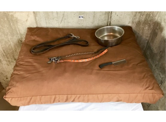 Clean Dog Bed, Bowl, Leather Leash, & 2 Collars