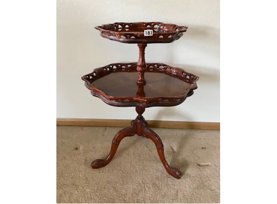 Two Tiered Ornately Carved Wood Side Table
