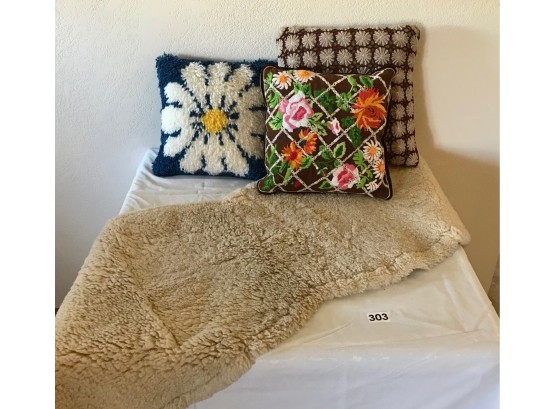 Sheepskin & 3 Throw Pillows