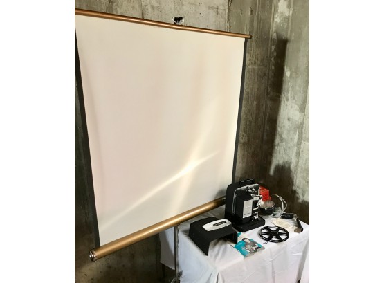 Vintage Bell Howell Lumina 1.2 8mm Projector, Vintage Radiant Deluxe Screen, And Vintage Light