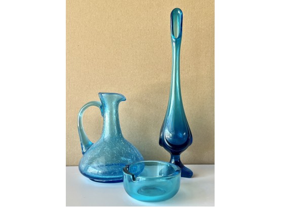 Blue Mid Century Glass Including Swung Vase, Ashtray, And Ewer