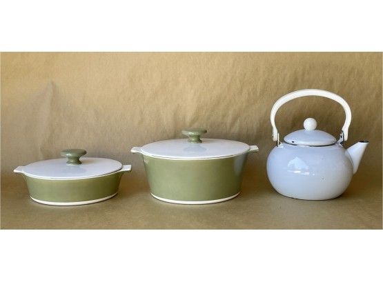 Vintage Corelle Casserole Pots With Enamel Teapot