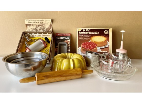 Vintage Bakeware Including Pink Nut Chopper, Patstry Press, Mold, And More