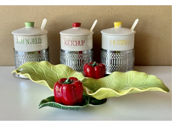 Vintage Condiment And Shaker Servers Including Arcadia Ceramics