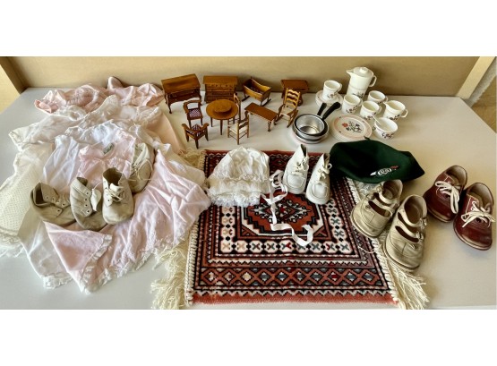 Vintage Wood Dollhouse Furniture, Plastic Tea Set, & Baby Clothes, And Shoes