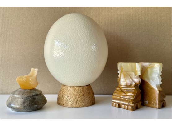 Ostrich Egg, Stone Bird Box, And Small Stone Bookends
