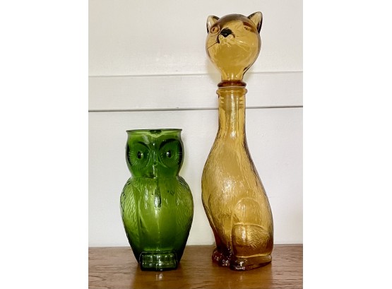 Mid Century Glass Owl Pitcher & Cat Decanter