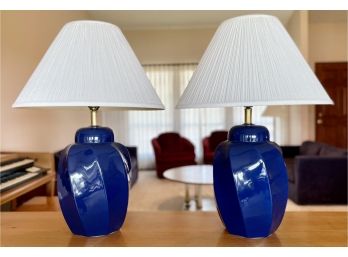 Pair Of Vintage Blue Ceramic Lamps