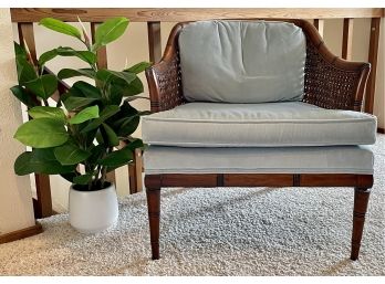 Vintage Caned Occasional Chair With Powder Blue Velvet Cushions & Faux Plant