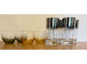 Vintage Barware Including Ombre Silver Tumblers & Irridescent Colored Roly Poly Glasses