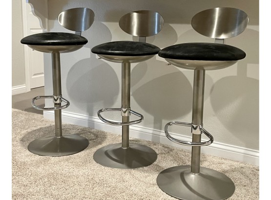 3 Contemporary Adjustable Counter/bar Stools With Brushed Steel Backs & Microfiber Seats.