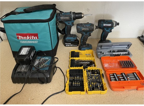 Makita Drills With 2 Batteries, Charger, Bits, And Carrying Case