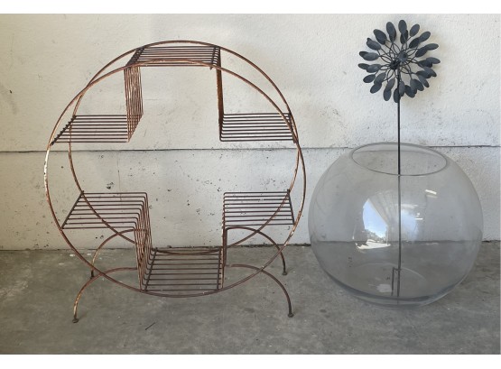 Mid Century Plant Stand With Yard Wheel And Large Glass Terrarium