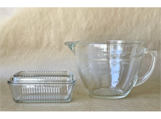 Vintage Fireking Large Measuring Cup And Glass Refrigerator Dish
