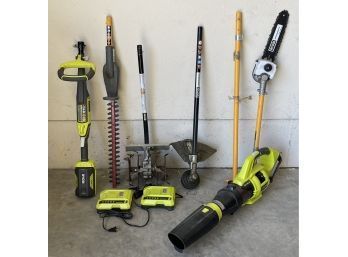 Ryobi Expand It System With Pole Saw, Trimmer, Weed Wacker, & Tiller Attachments With Blower & 2 Battery Packs