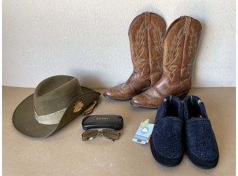 Mens' Sz 10d Wranger Boots, XL Slippers, Hat, & What Appear To Be Gucci Sunglasses