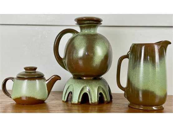 Mid Century Frankoma Prairie Green Coffee Pot On Warmer With Pitcher & Little Tea Pot