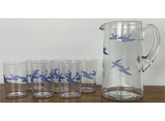 Vintage Glass Pitcher And Tumblers With Blue Swallows