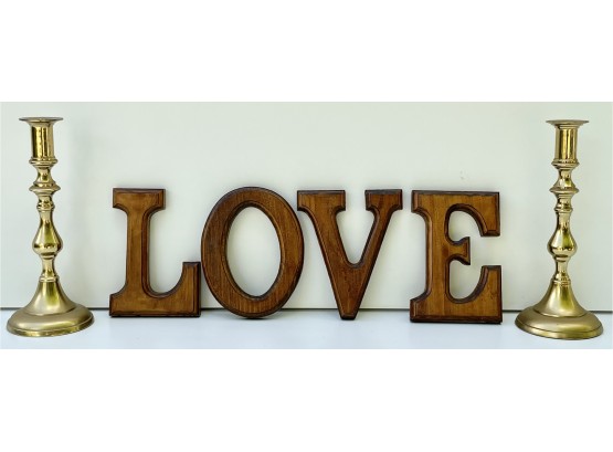 2 Brass Candlesticks With Wood Wall Letters Spelling LOVE