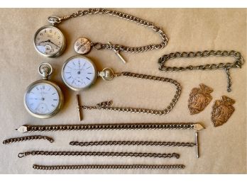 3 Antique/vintage Pocket Watches Including American Watch, Westclox Little Ben, & Waltham With Watch Fob Chain
