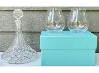 Vintage Crystal Decanter & 2 Riedel Glasses In Tiffany Box
