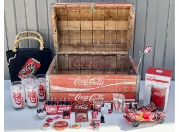 Vintage Coca Cola Themed Trunk With Glasses, Purse, Napkin Holder, & More