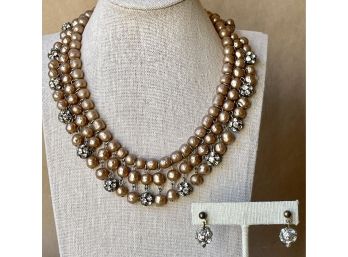 Vintage (Faux?) Pearl And Rhinestone Necklace & Post Earrings