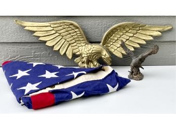 Large Cast Metal Eagle Wall Plaque, Folded American Flag, & More