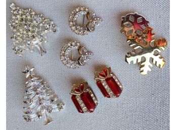Assorted Christmas Themed Brooches And Earrings.