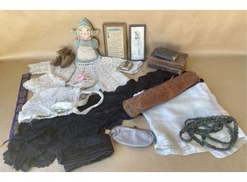 Contents Of Antique Trunk Including Books, Shakespeare, Tooled Leather Bag, Baby Items, Beadwork, & More