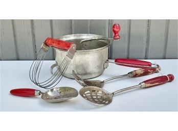 Vintage And Antique Kitchenware With Red Wood Handles
