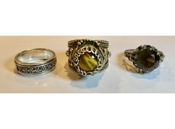 3 Sterling Rings Including Marcasite, Tiger Eye, & More
