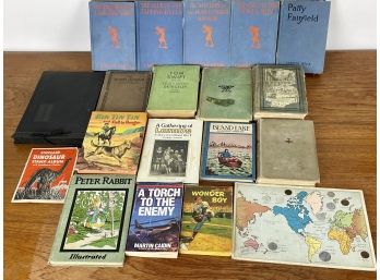 Vintage And Antique Books, Sinclair Dinosaur Stamp Album With Some Stamps, & Foreign Currency Coins