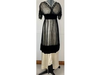 Antique Black Evening Gown With Satin, Crepe, Velvet, & Stunning Bead Work