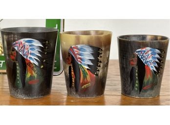 Burlington Northern Branding Dish & Hand Painted Native Americans On Horn Shot Glasses