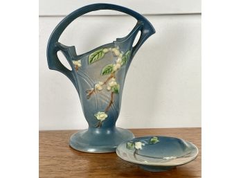 Roseville Pottery Blue Snowberry Basket #18K-10 With Matching Small Dish