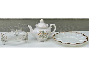Milk Glass Egg Dish, Teapot, And Candy Dish