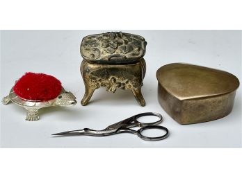 Vintage Trinket Boxes, Sewing Scissors, & Pin Cushion